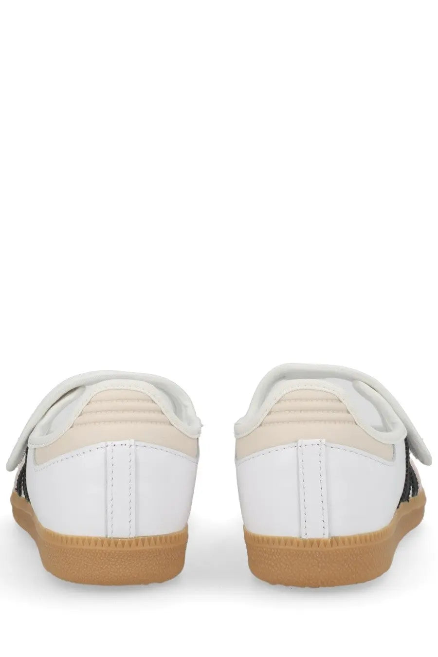 Adidas women’s samba jane sneaker white with black stripes and tan rubber sole in classic leather design