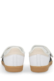 Adidas women’s samba jane sneaker white with black stripes and tan rubber sole in classic leather design