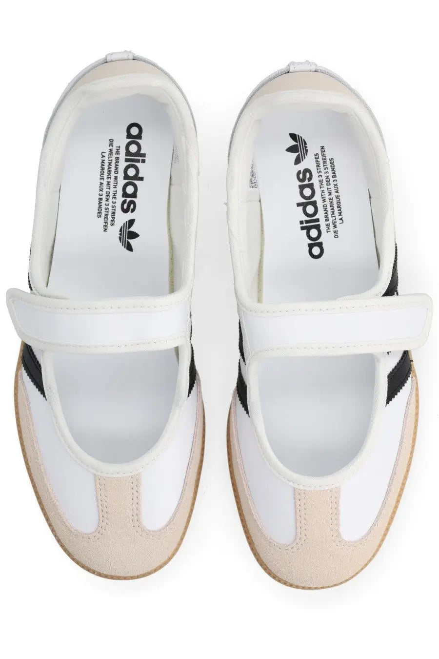 Adidas women’s samba jane sneaker white featuring black and white leather with velcro strap and classic three stripes