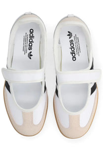 Adidas women’s samba jane sneaker white featuring black and white leather with velcro strap and classic three stripes