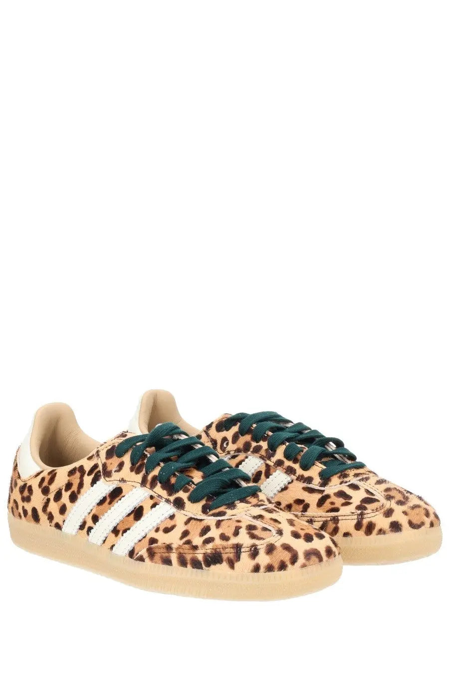 Adidas women’s samba og sneaker with leopard print, white stripes, and dark green laces
