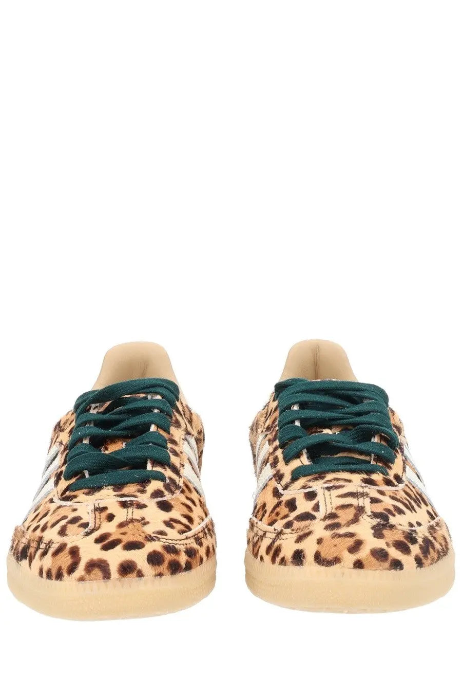 Adidas women’s samba og sneaker with leopard print, dark green laces, and white stripes in a sporty design