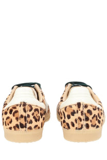 Adidas women’s samba og sneaker with leopard-print suede, white rubber soles, and dark green laces