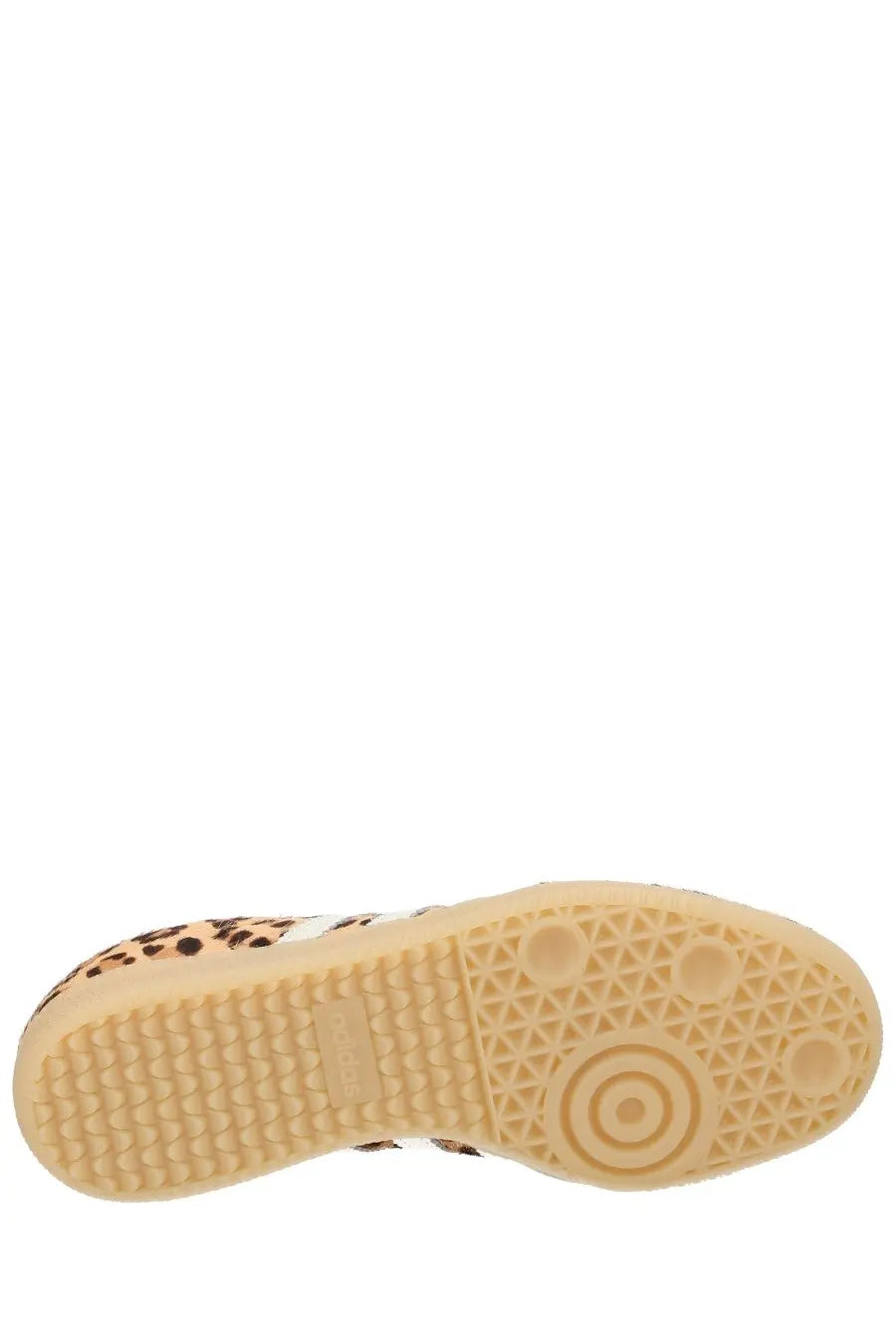 Adidas women’s Samba OG sneaker leopard-print suede with tan rubber sole and white accents visible from the front view