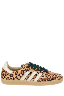Adidas women’s samba og sneaker with leopard print pattern white stripes and dark green laces