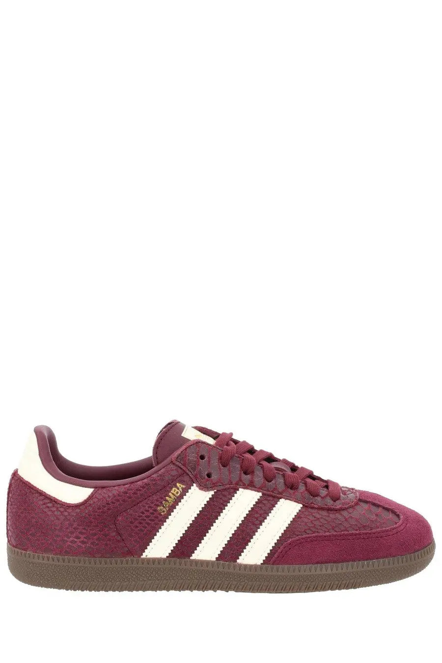 Adidas Womens Samba OG maroon suede sneaker with white stripes