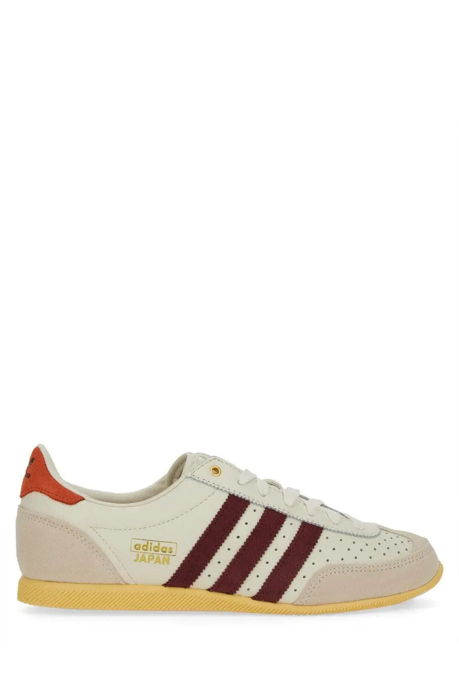 Adidas women’s sneaker japan white cream sneaker with maroon stripes orange heel tab and yellow rubber sole