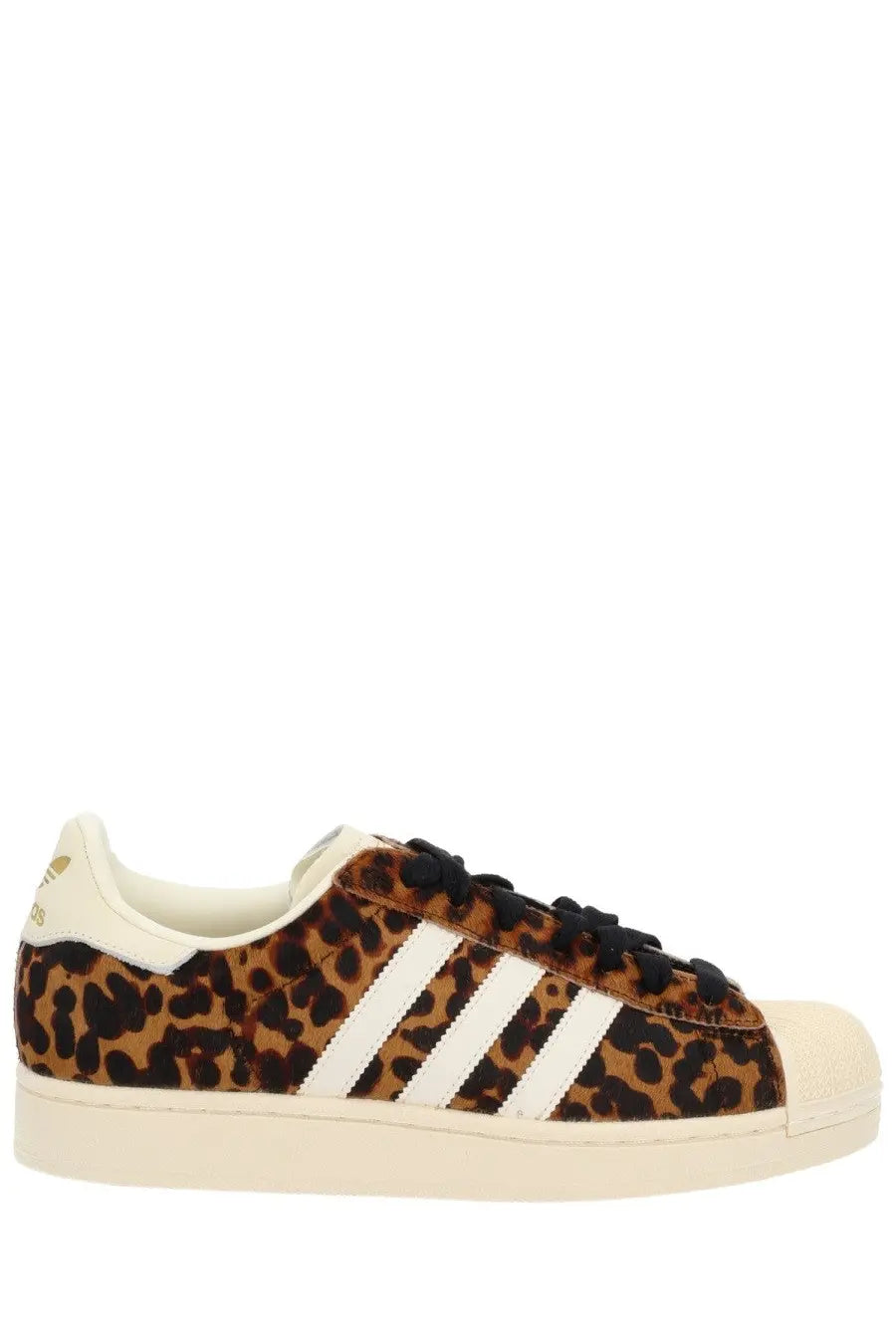 Adidas women’s Superstar II sneaker in leopard print suede with white rubber toe cap and three stripes in multicolor