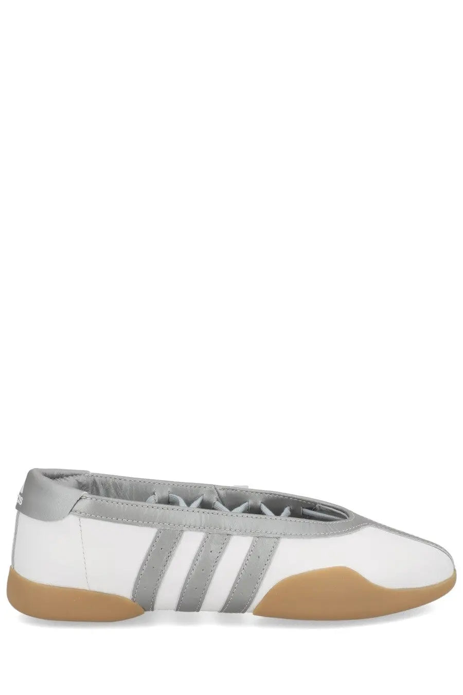 Adidas women’s taekwondo mei sneaker white with white and gray leather and tan rubber sole with three stripes