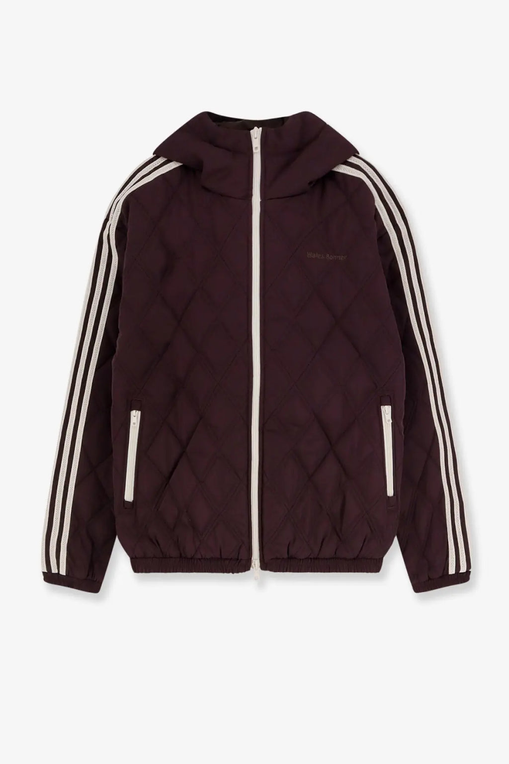 Adidas x Wales Bonner womens brown nylon down jacket, dark purple quilted hooded with white sleeve stripes