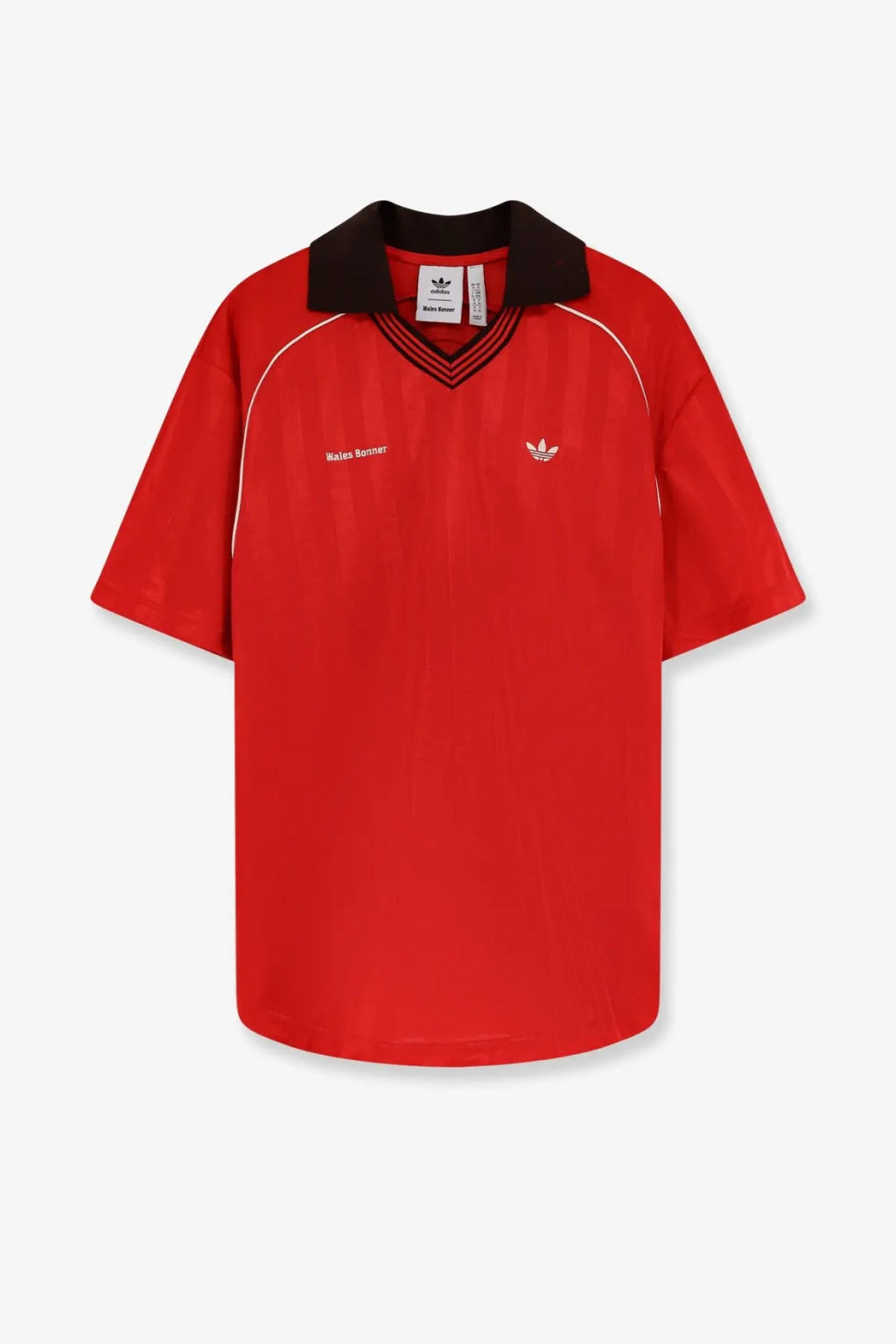 Red Adidas polo shirt with black collar, white piping, beige nylon details