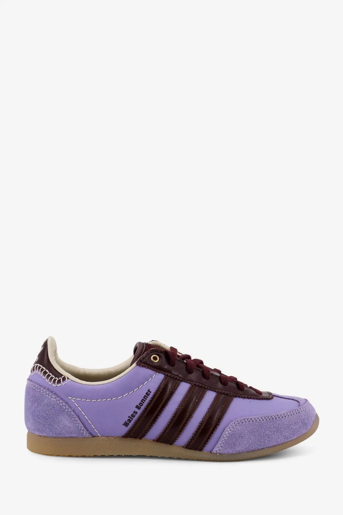 Purple Adidas X Wales Bonner womens sneakers with maroon stripes