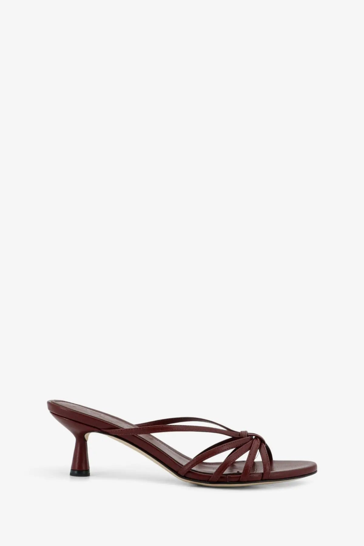 Aeyde women’s abby burgundy leather mule sandal with slender heel and strappy design