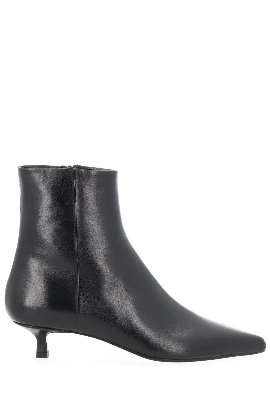 Aeyde women’s black leather ankle boot sofie with pointed toe and low kitten heel shown from the back side