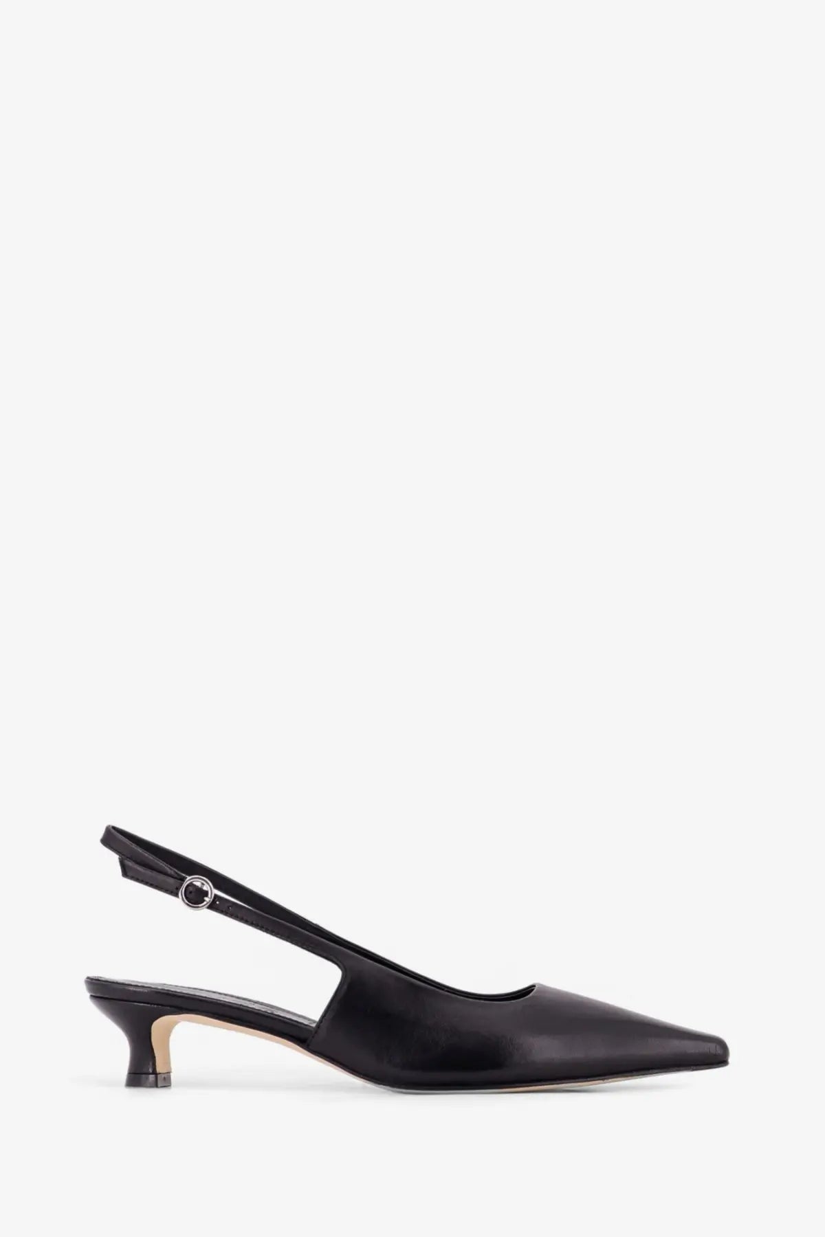 Aeyde women’s Catrina black leather slingback pump with pointed toe and low block heel shown from the back side