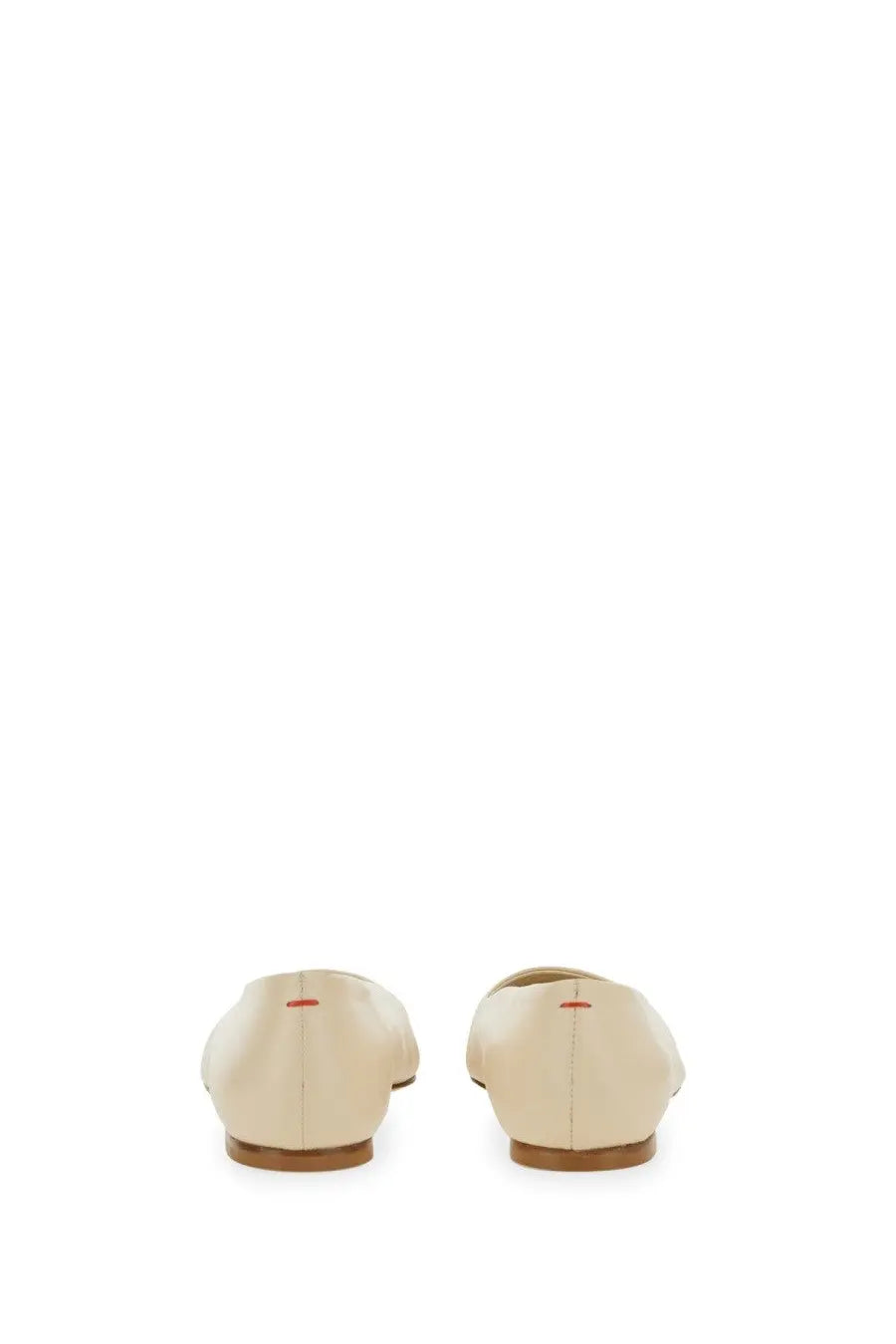 Aeyde women’s dancer crazy white cream-colored leather flats with minimalist design and subtle red stitching detail