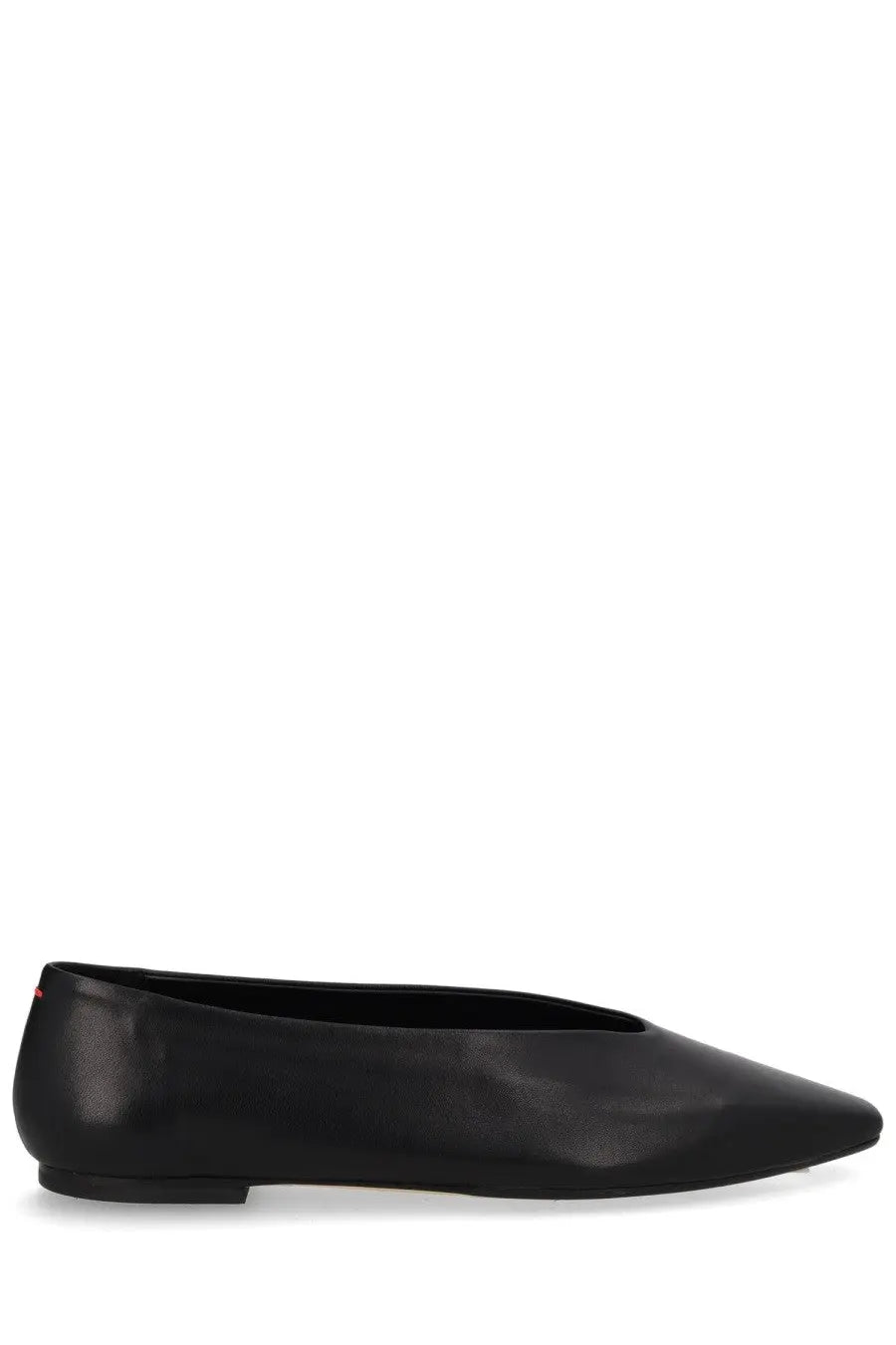 Aeyde women’s dancer kirsten black leather ballet flat with pointed toe and low heel shown from the back side