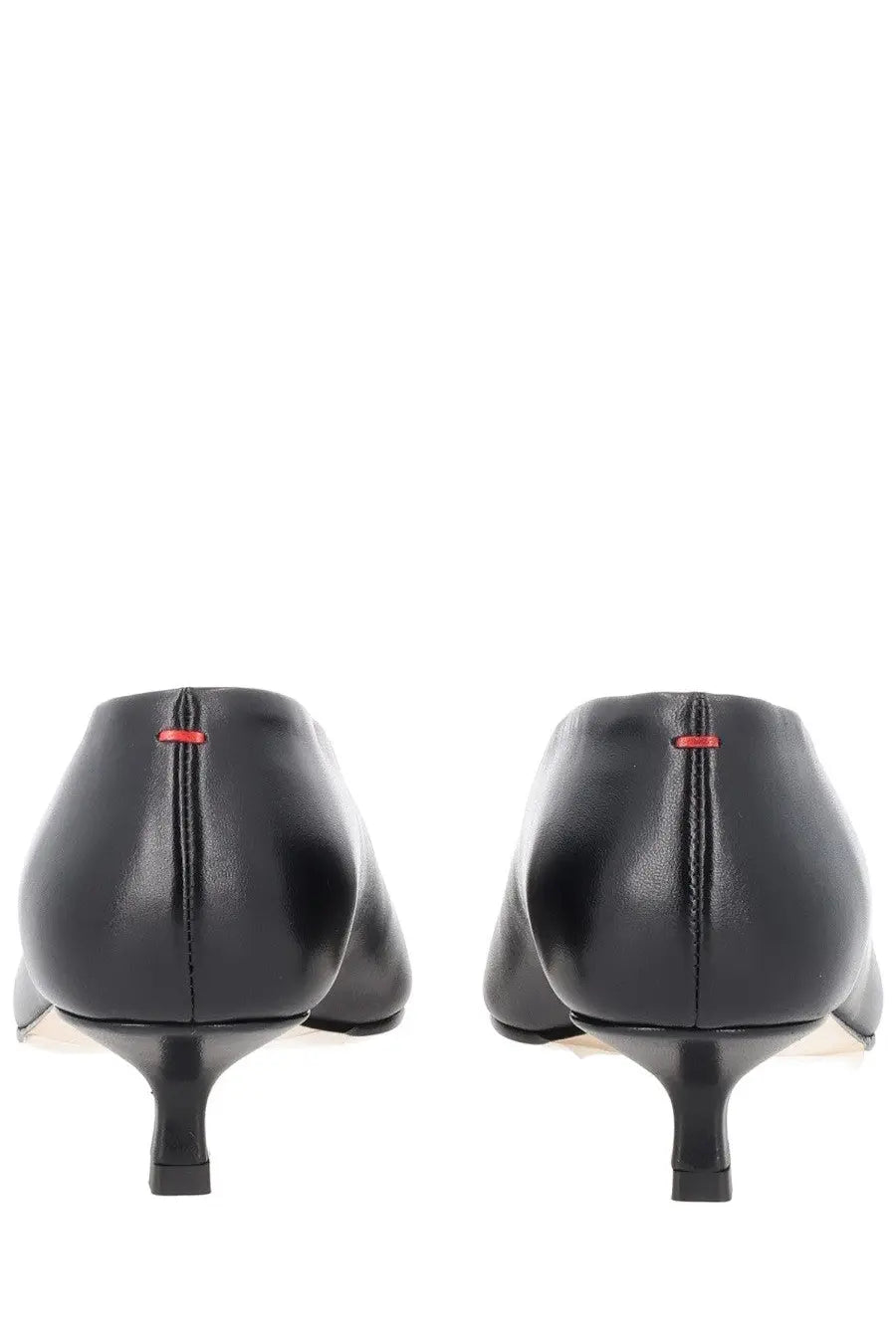 Aeyde women’s écolleté clara black leather pumps with sleek minimalist design and subtle red stitching at the heel backside