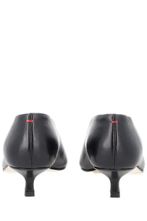 Aeyde women’s écolleté clara black leather pumps with sleek minimalist design and subtle red stitching at the heel backside