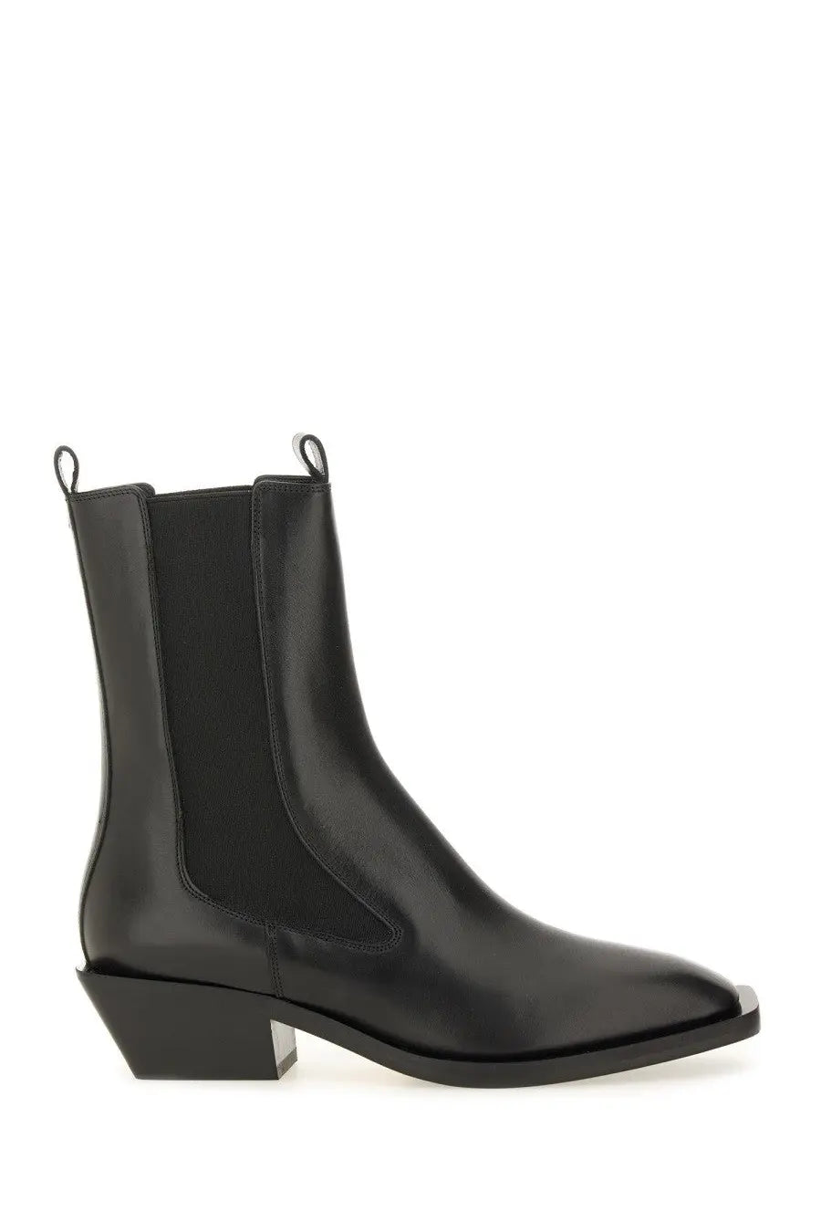 Aeyde women’s black leather chelsea boot with a sleek pointed toe and low block heel