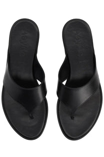 Black leather flip-flops with minimalist design and aleya embossed insole from Aeyde women’s thong sandal black
