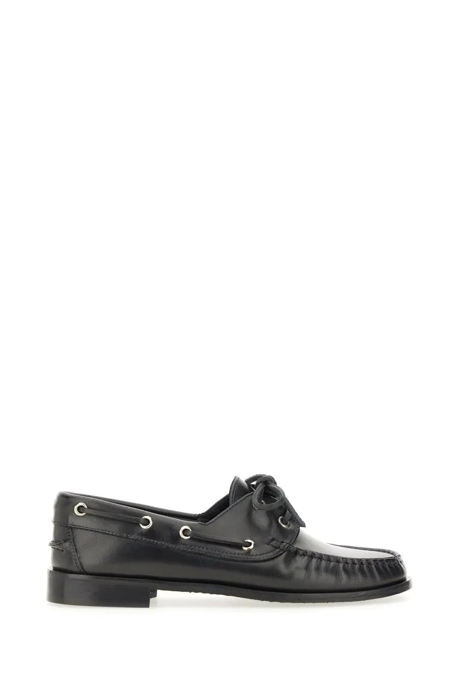 Aeyde women’s moccasin Harris black black leather boat shoe with silver eyelets and stitched toe seam