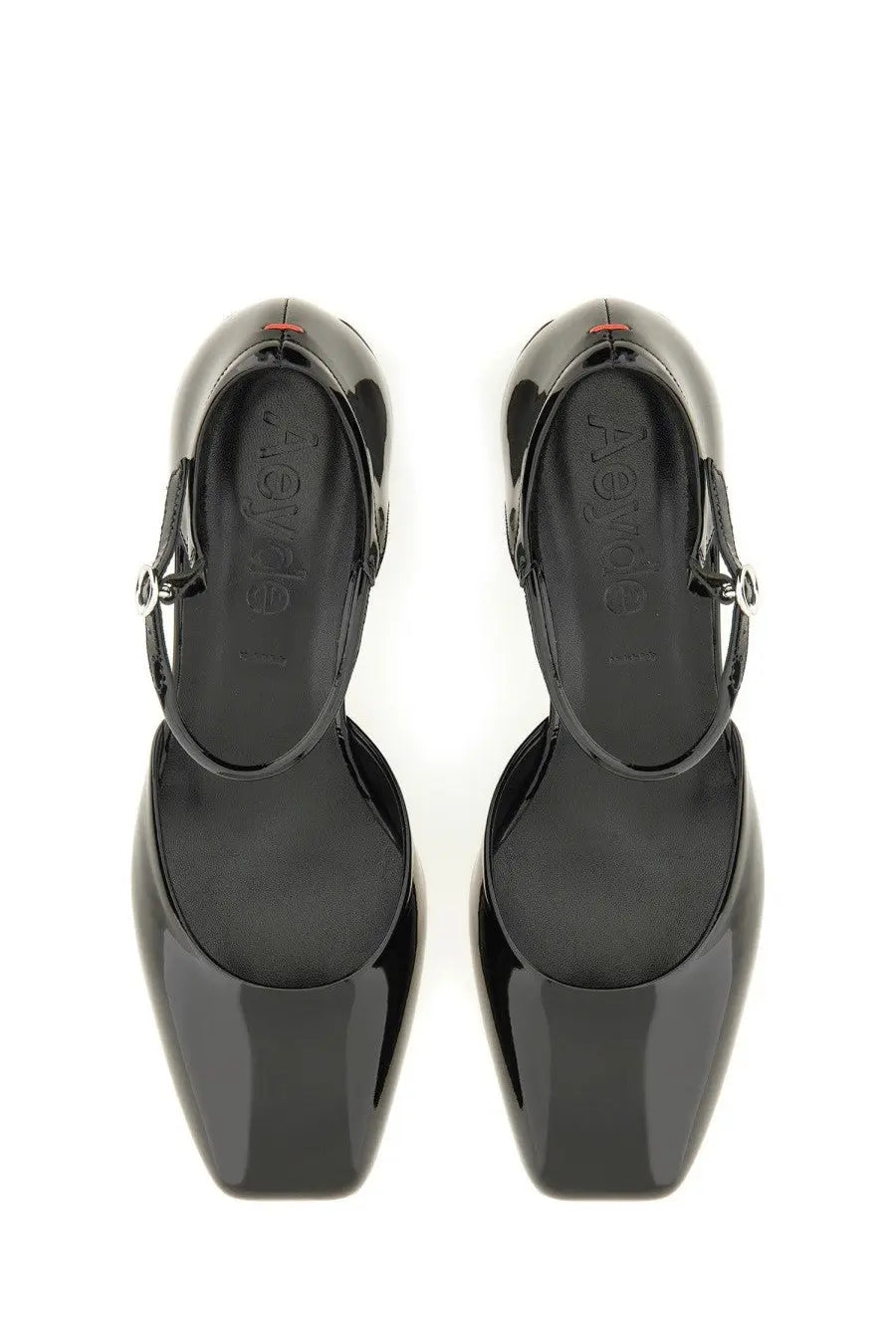 Aeyde women’s pump magda black patent leather mary jane flat with sleek glossy finish and silver buckle detail