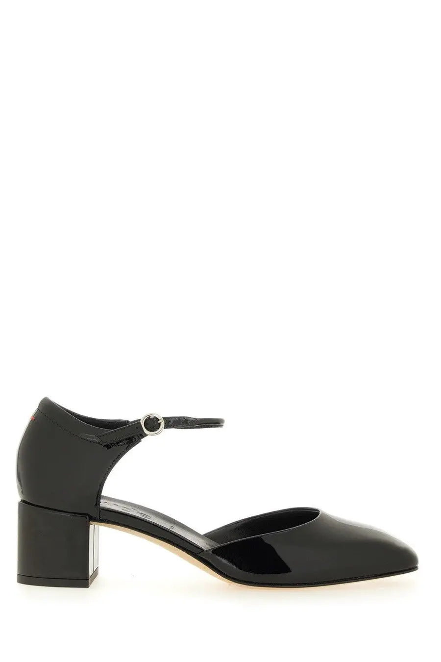 Aeyde women’s black patent leather t strap pump with block heel and silver buckle front view