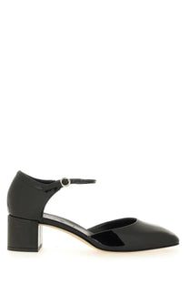 Aeyde women’s black patent leather t strap pump with block heel and silver buckle front view