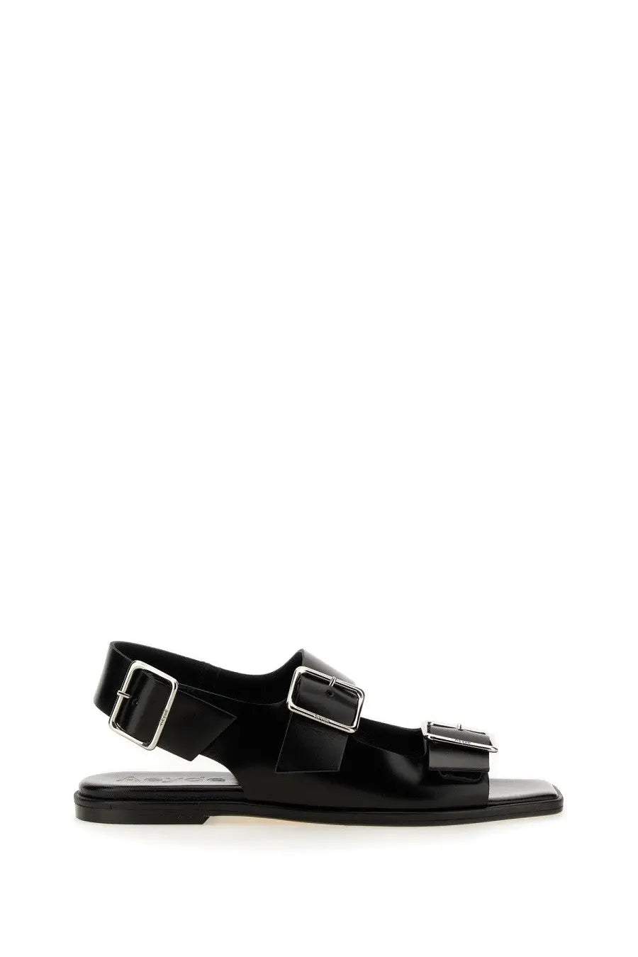 Aeyde women’s sandal Tekla black with black patent leather, three silver buckle straps, and flat sole