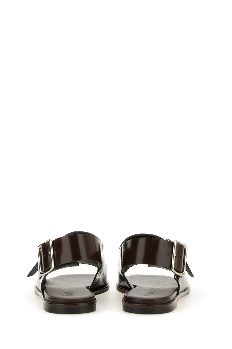 Aeyde women’s sandal tekla brown dark brown patent leather with silver toned buckle straps