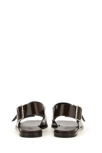 Aeyde women’s sandal tekla brown dark brown patent leather with silver toned buckle straps