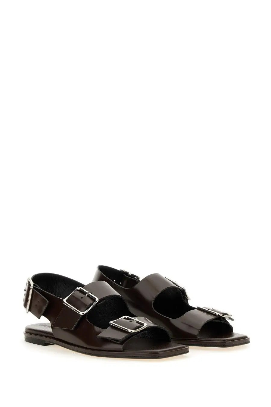 Aeyde women’s sandal Tekla brown brown leather sandals with two silver toned buckle straps