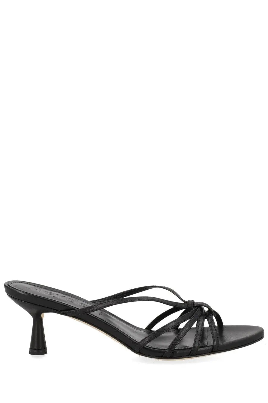 Aeyde women’s black leather strappy mule sandal with a slender heel front view