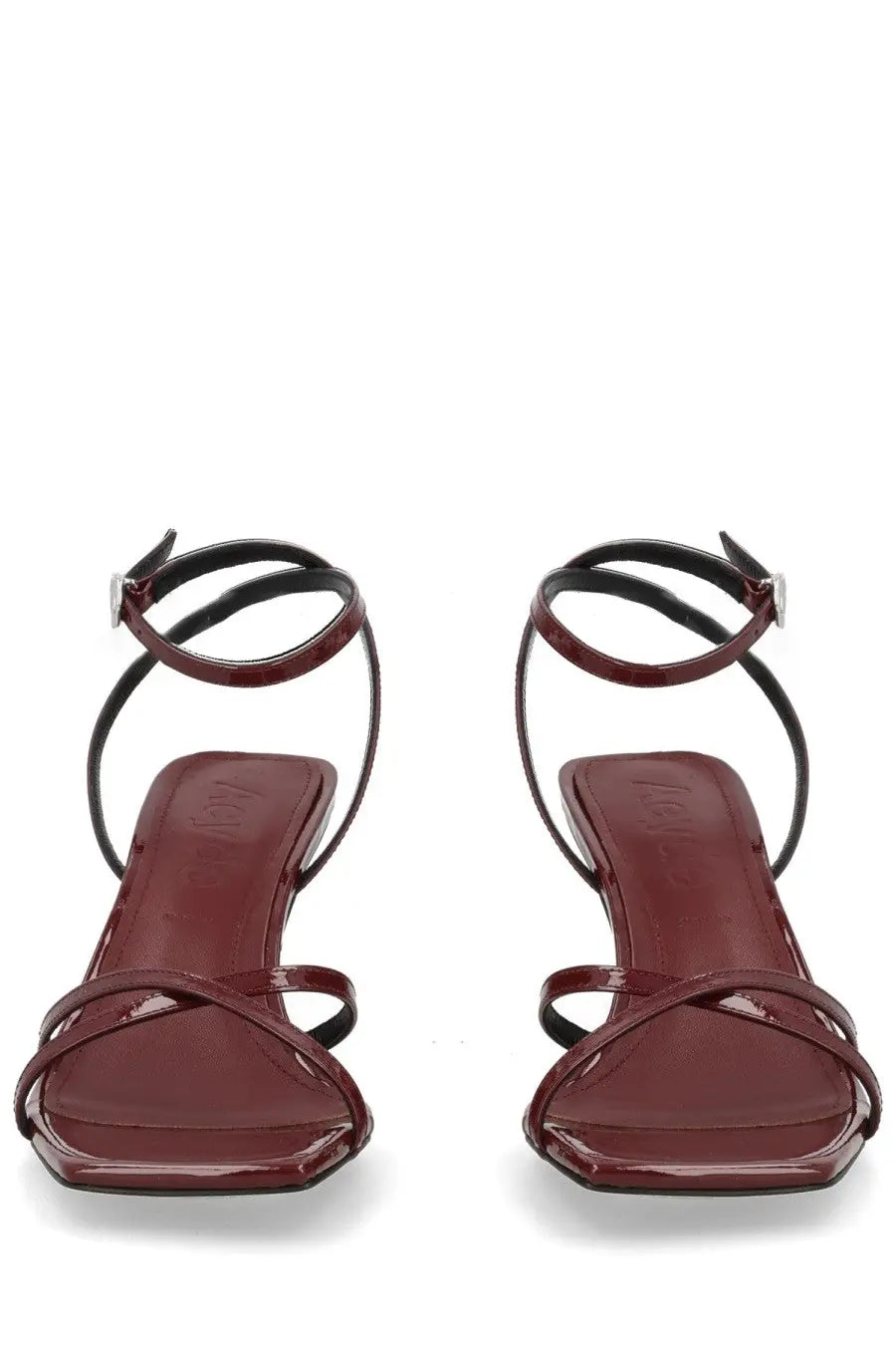 Aeyde women’s sandalo edith con tacco red burgundy patent leather sandals with black ankle straps and low block heel