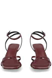 Aeyde women’s sandalo edith con tacco red burgundy patent leather sandals with black ankle straps and low block heel