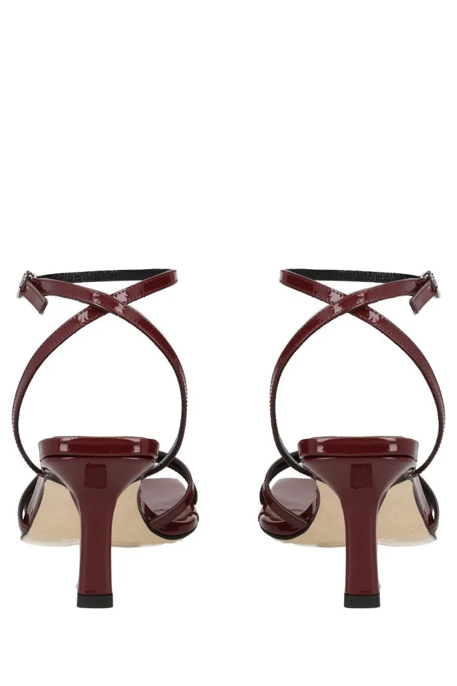 Aeyde women’s sandalo edith con tacco red burgundy patent leather strappy heels with black ankle straps minimalist design