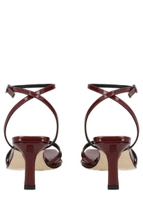 Aeyde women’s sandalo edith con tacco red burgundy patent leather strappy heels with black ankle straps minimalist design