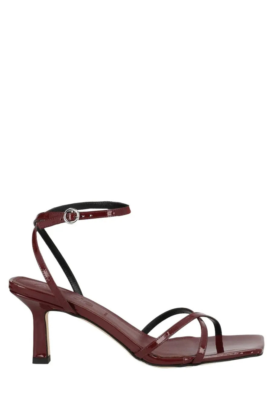Aeyde womens sandalo Edith con tacco red burgundy patent leather strappy sandal with black ankle strap and silver buckle