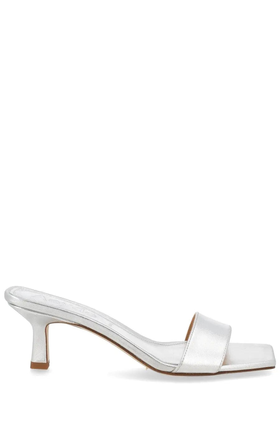 Aeyde women’s sandalo Gilly con tacco silver satin slide-on mule heel with square toe and low block heel