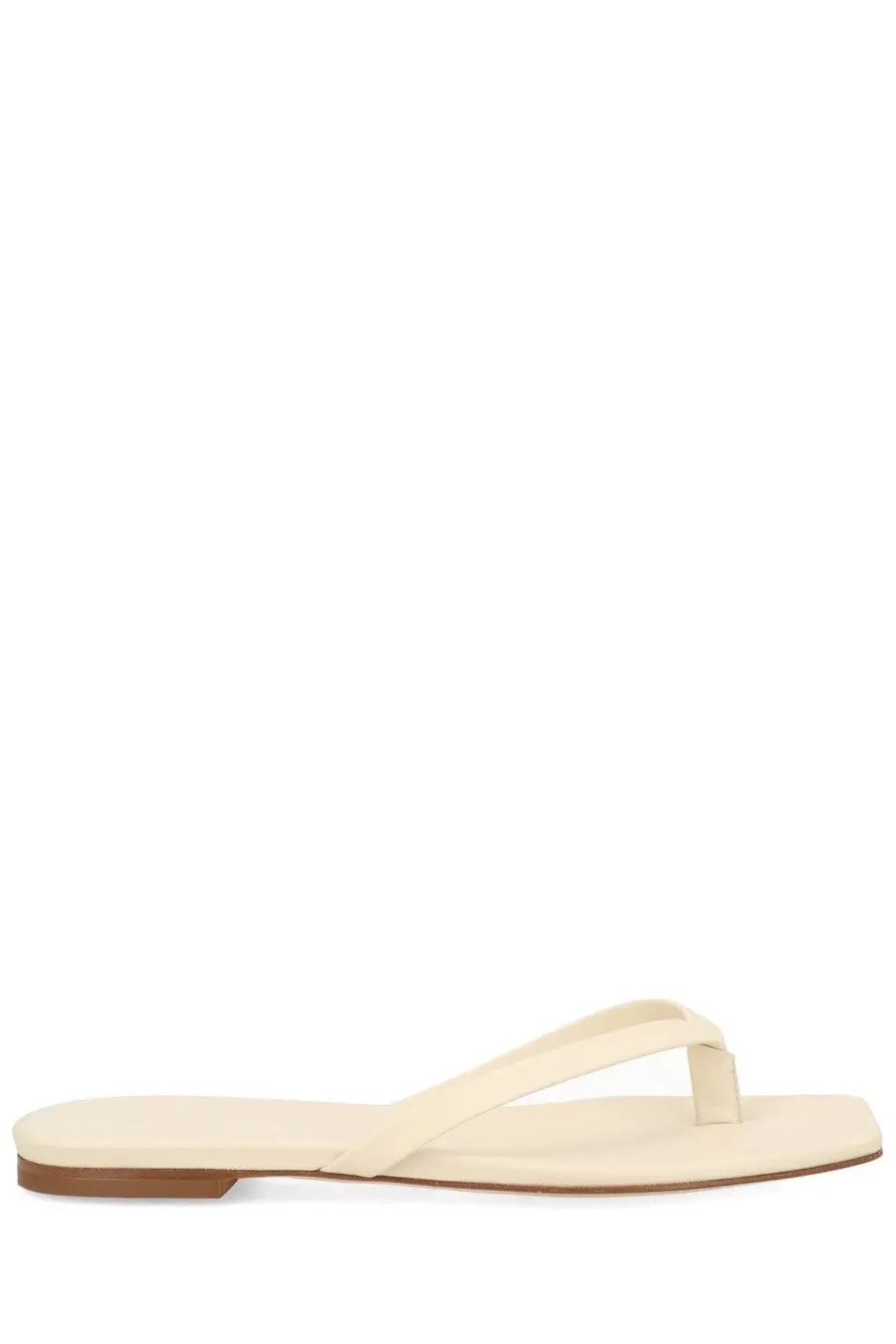Aeyde women’s sandalo renee white cream-colored flat thong sandal with minimalist design and brown rubber sole