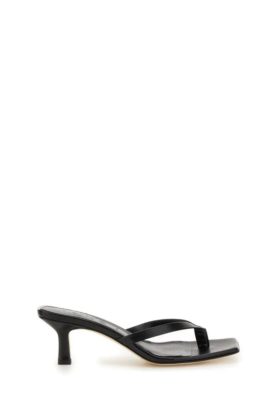 Aeyde women’s black leather mule sandal with square toe and low heel visible from the back side