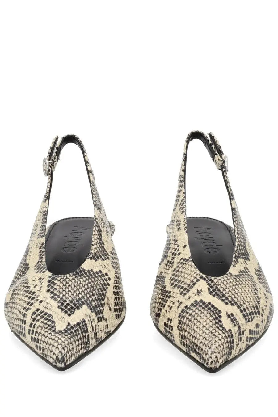 Aeyde women’s shoe camila pattern beige and black snake-print slingback flats with pointed toe design