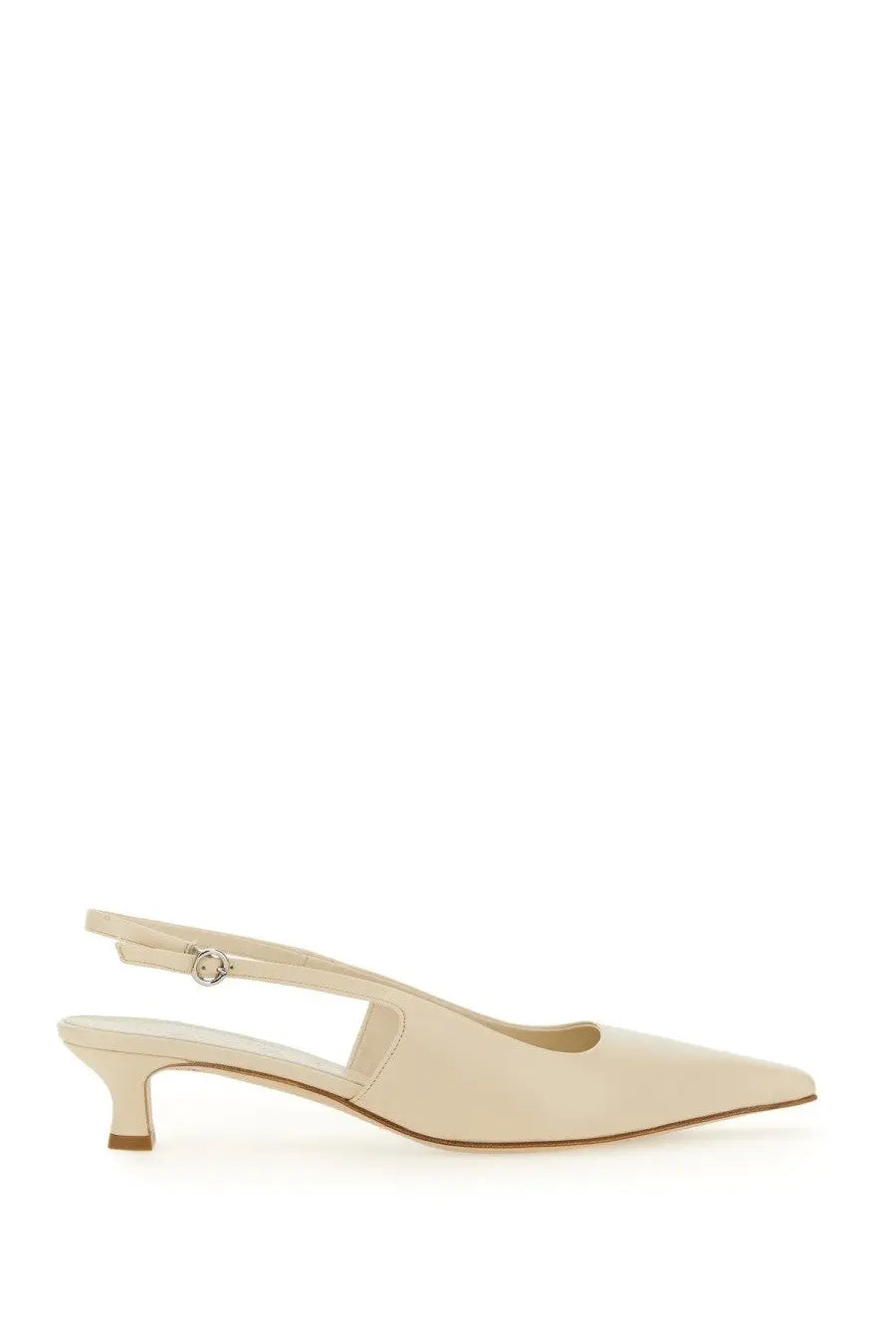 Aeyde women’s cream-colored suede slingback pump with low heel and silver buckle in white catrina design