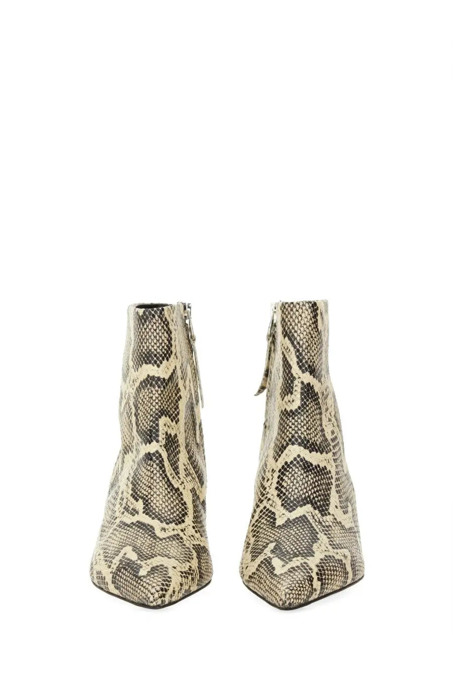 Aeyde women’s Sofie boot pattern beige and dark gray snake-print ankle boots with pointed toe and zipper closure