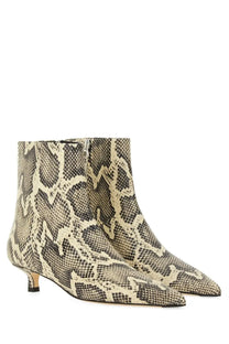 Aeyde women’s Sofie boot pattern cream and black snake-print ankle boots with slender heel and pointed toe