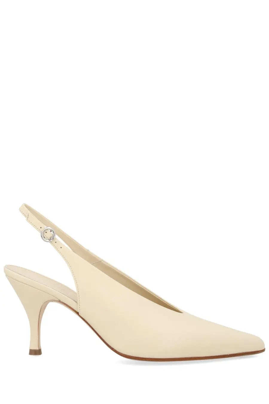 Aeyde women’s stiletto shoe beige cream-colored suede slingback pump with slender heel and silver buckle detail