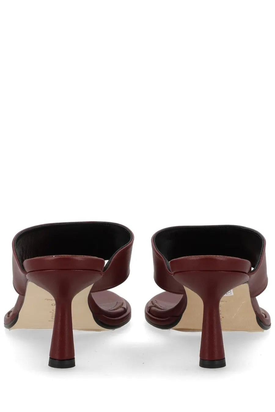 Aeyde women’s thong sandal red burgundy leather mule with sleek tapered heel and black interior lining