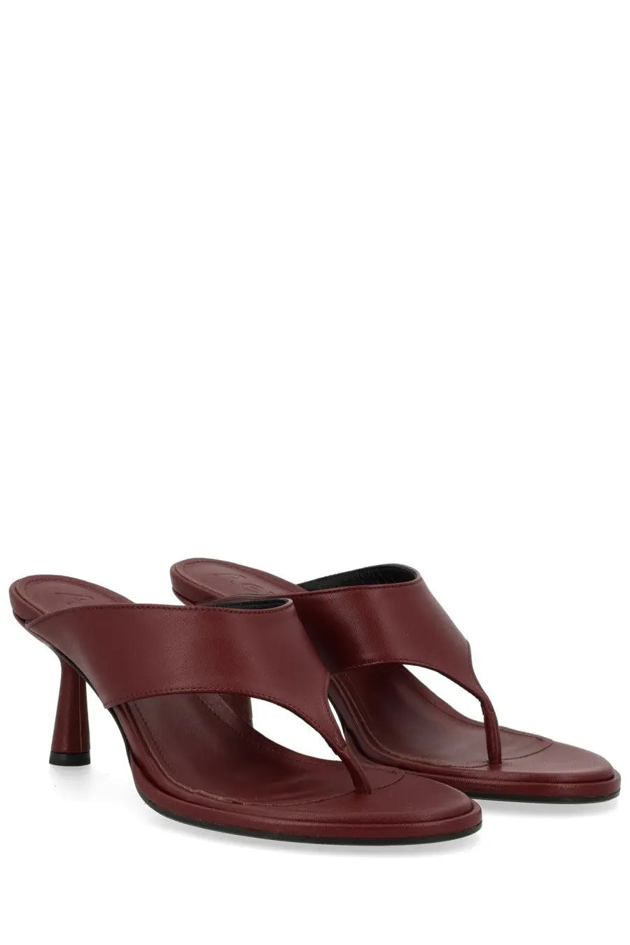 Aeyde women’s thong sandal in burgundy leather with a sleek minimalist design and slender high heel