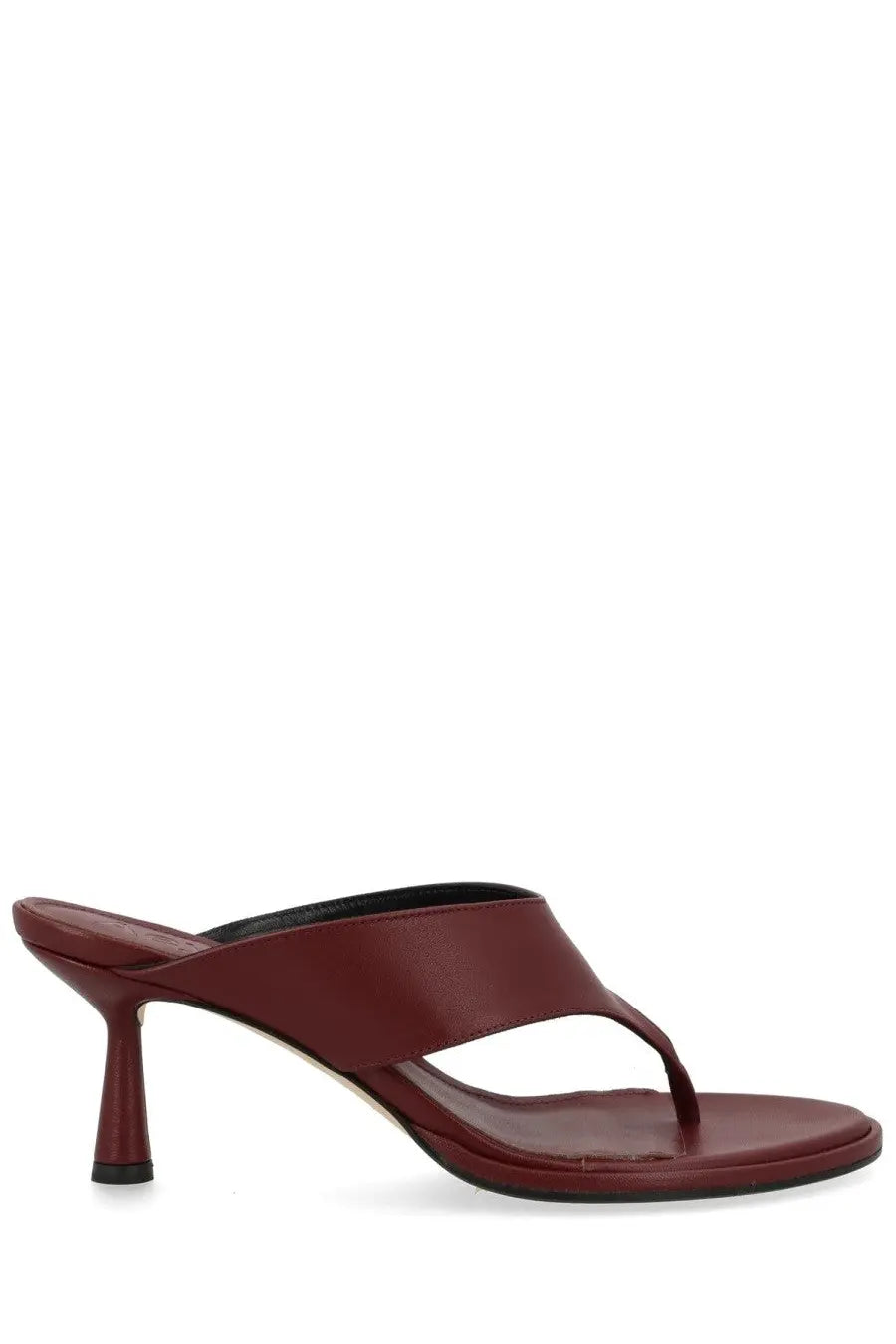 Aeyde women’s thong sandal in burgundy leather with a slender heel perfect for stylish warm weather wear